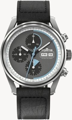 FORTIS Stratoliner S-41 Automatic Cosmic Grey (41mm) Black Leather Aviator Strap F2340016