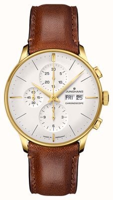 Junghans Meister Chronoscope Day/Date (EN) Automatic (40.7mm) Silver Domed Dial / Brown Leather Strap 27/7620.03