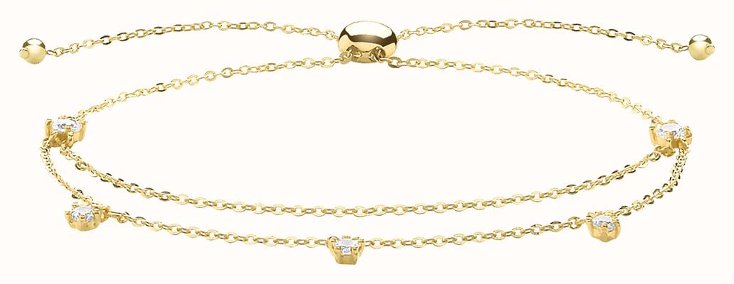 James Moore TH 9ct Yellow Gold Cubic Zirconia Double Chain Pull Bracelet BR633