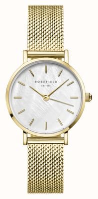 Rosefield Small Edit (26mm) White Mother-of-Pearl Dial / Gold-Plated Stainless Steel Mesh Bracelet SMGMG-S06