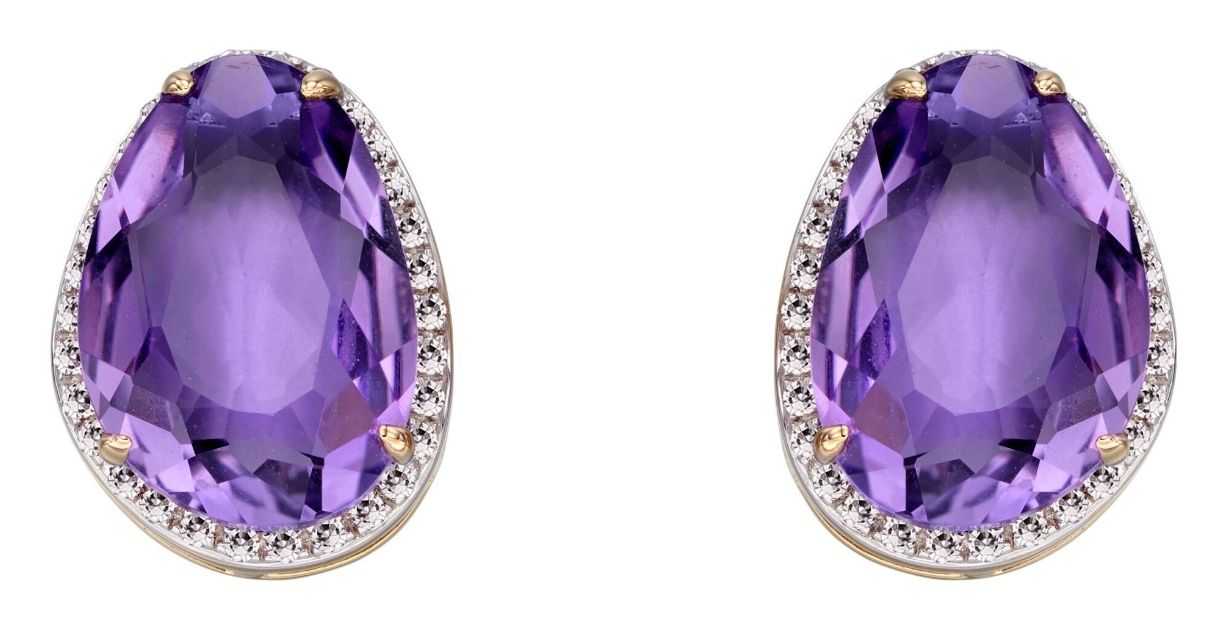 Elements Gold GE2273M 9k Yellow Gold Amethyst Diamond Stud Jewellery