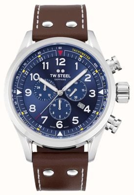 TW Steel Swiss Volante Chronograph (48mm) Blue Sunray Dial / Brown Smooth Italian Calf Leather Strap SVS201
