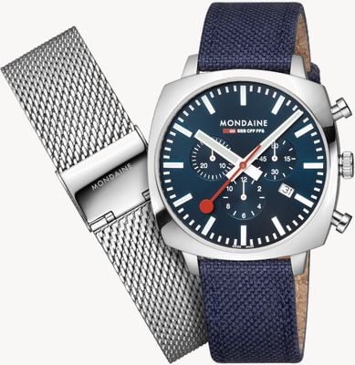 Mondaine SBB Grand Cushion Chronograph (41mm) Blue Dial / Blue Textile Steel Mesh Set MSL.41440.LD.SET