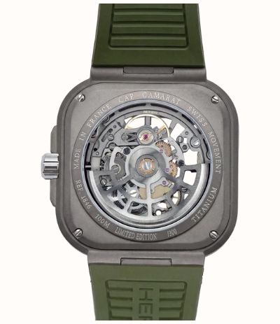 Herbelin Cap Camarat Square Titanium Automatic (40.5mm) Skeleton Dial / Khaki Green FKM Rubber Strap Watch 1846SQTDCK - alternate view 5