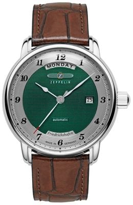 Zeppelin Friedrichshafen Day/Date Automatic (40mm) Green Clous de Paris Dial / Brown Leather Strap 8562-2