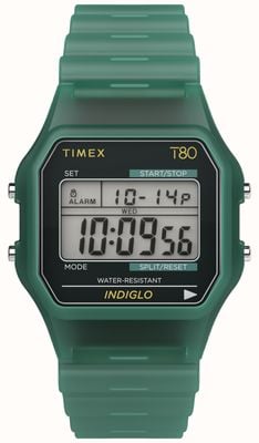 Timex T80 INDIGLO Alarm Chrono (34mm) Digital Display / Translucent Green Resin Strap TW2Y34100
