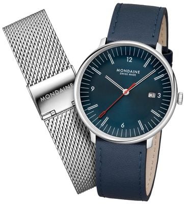 Mondaine Doppio (41mm) Blue Dial / Blue Vegan Apple Leather Strap & Stainless Steel Mesh Bracelet Set MLE.41240.LQV.SET