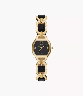 Fossil Harlow 22 mm Three-Hand Black Leather and Gold-Tone Stainless Steel Fossil Watch ES5496