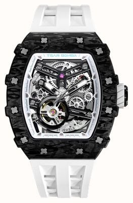 TSAR BOMBA Elemental Series Carbon Fiber Automatic (43.5mm) Black Skeleton Dial / White FKM Rubber Strap TB8208CF-10