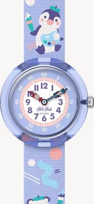 Flik Flak ARTY ANIMALS (31.85mm) White and Purple Dial / Purple Animal Patterned Strap FBNP246