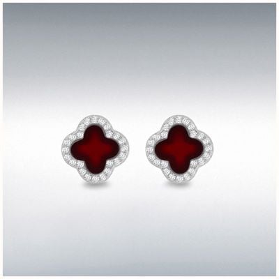 Sterling Silver Rhodium Plated 11mm Clover Red Agate and 1.1mm White CZ Stud Earring 8.59.1910