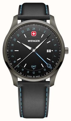 Wenger City GMT Quartz (42mm) Brushed Black Dial / Black Leather Strap 01.1442.105