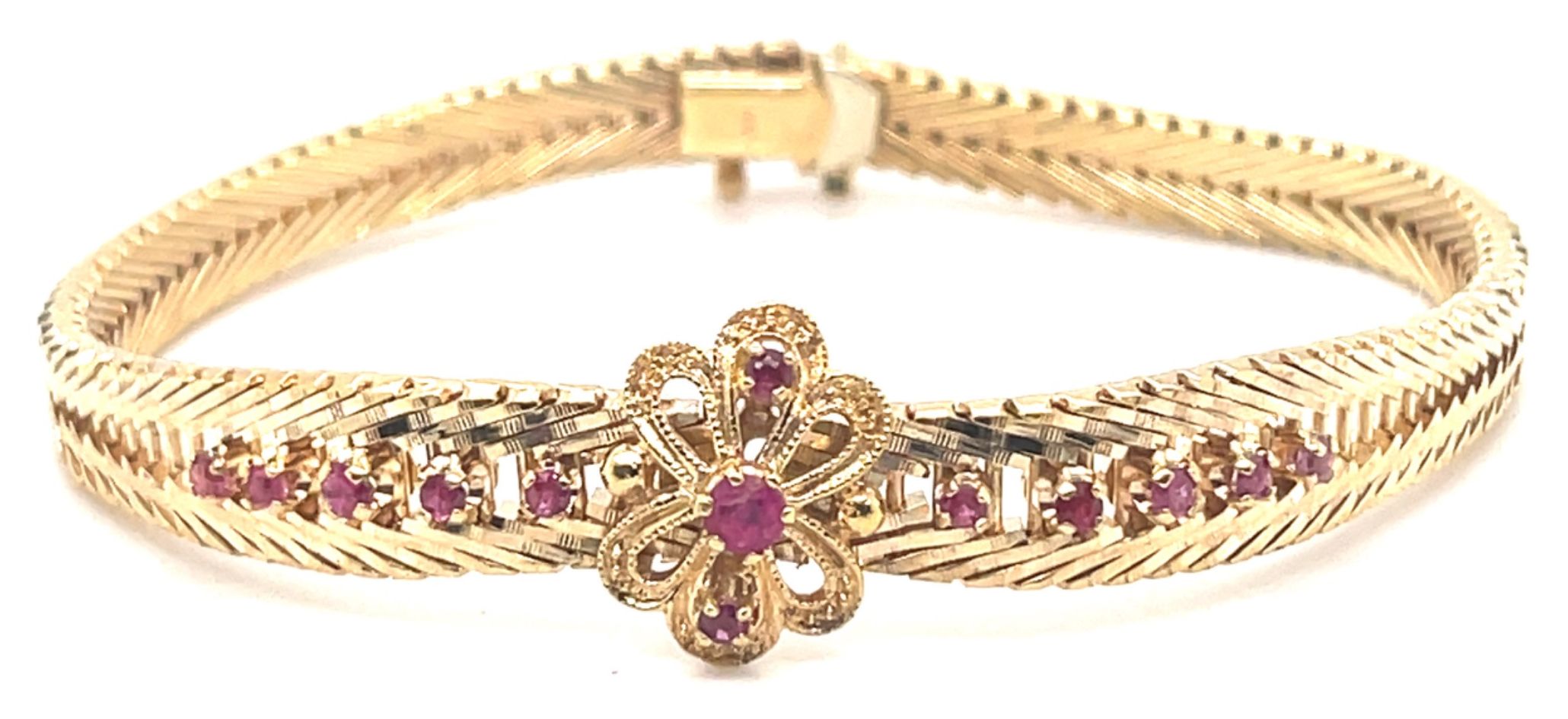 Pre-owned J49177 18ct Ornate Ruby Flower Bracelet Dia Cut Jewellery