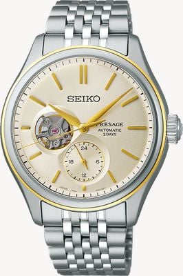 Seiko Presage Classic Series Open Heart in Delicate Cream Silk (40.2mm) Champagne Dial / Steel Bracelet SPB480J1