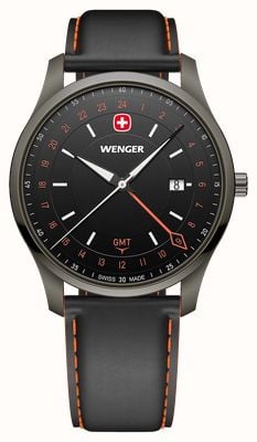 Wenger City GMT Quartz (42mm) Brushed Black Dial / Black Leather Strap 01.1442.106