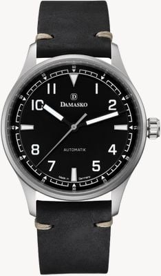 Damasko DF10 Three-Hand Automatic (39mm) Black Dial / 'Vintage' Black Leather Strap Watch DF10-AUTO BLACK