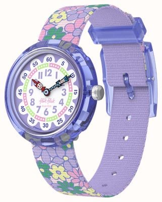 Flik Flak FLOWER FIELDS (31.85mm) White and Purple Dial / Purple Flower Patterned Strap FBNP240