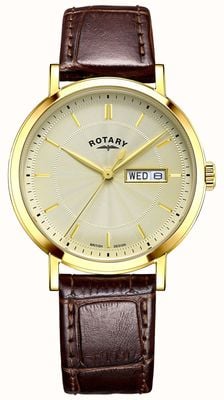 Rotary Dress Day-Date Quartz (37mm) Champagne Guilloché Dial / Brown Leather Strap GS05423/03