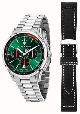 Maserati Men's Sorpasso Gift Set (42mm) Green Dial / Stainless Steel and Black Leather Straps R8873624002