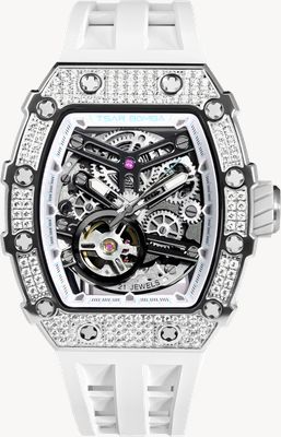 TSAR BOMBA Elemental Series Crystal Automatic (43.5mm) Black Skeleton Dial / White FKM Rubber Strap TB8208D-05
