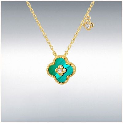 Sterling Silver Yellow Gold Plated Clover Malachite and White CZ with White Clover Necklace 8.12.0180