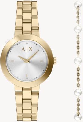 Armani Exchange Quartz Watch & Bracelet Gift Set (36mm) Silver Sunray Dial / Gold PVD Stainless Steel Bracelet AX7185SET