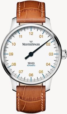 MeisterSinger N°03 (38mm) White Dial / Cognac Brown Leather Strap BM9901G