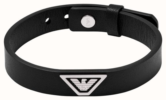 Emporio Armani Men's Black Leather Stainless Steel Eagle Logo Bracelet EGS3128040