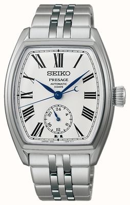 Seiko Presage Classic Series Enamel ‘Tonneau’ (35.9mm) White Dial / Stainless Steel Bracelet SPB537J1