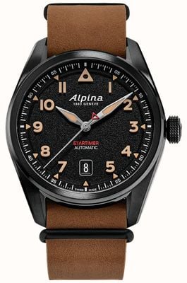 Alpina Startimer Pilot Automatic (40mm) Textured Black Dial / Brown Leather NATO Strap AL-525BW4SB36