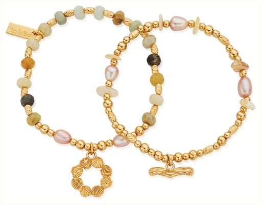 ChloBo TREASURES OF BALI Peace & Balance Set of 2 Pearl Charm Bracelets - 18ct Gold Plated GBSETAPS3539
