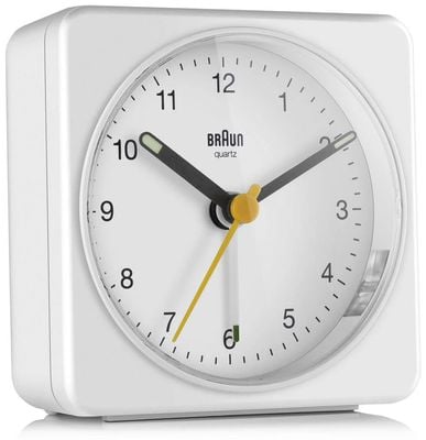 Braun BC03 Classic Analogue Alarm Clock - All White - W7.8cm x H7.8cm x D3.2cm BC03W