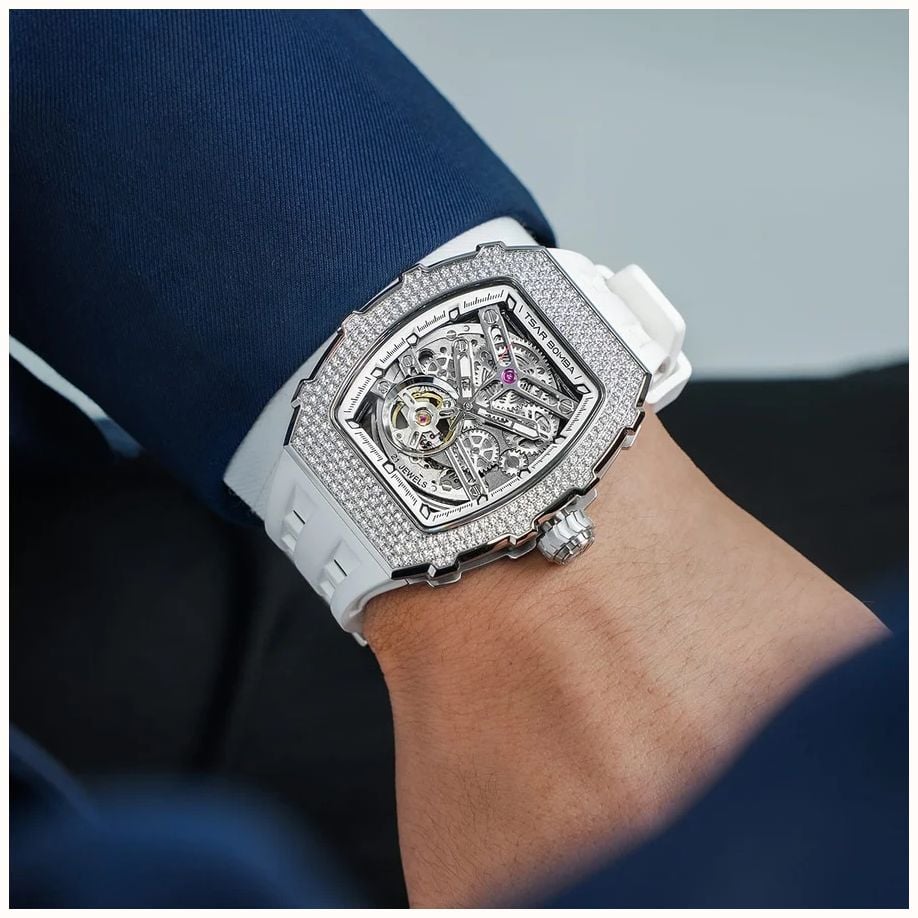 TSAR BOMBA Elemental Series Crystal Automatic (43mm) White Skeleton Dial / White FKM Rubber Strap TB8208D-11 - alternate view 7