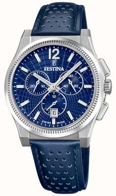 Festina Swiss Made Rivé Quartz Chronograph (42.5mm) Blue Dial / Blue Leather Strap F20060/2