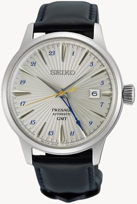 Seiko Presage ‘Silver Bullet’ Cocktail Time GMT (40.5mm) Silver Dial / Black Leather Strap SSK049J1