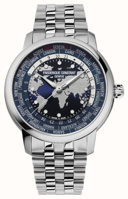 Frederique Constant Classic Worldtimer Automatic Manufacture (40mm) Blue World Map Dial / Stainless Steel Bracelet Watch FC-719NN3H6B