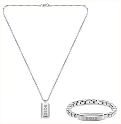 BOSS Jewellery Men's Devon Stainless Steel Logo Bracelet and Necklace Set 1570173