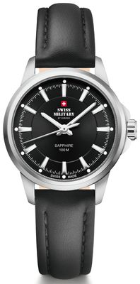 Swiss Military by Chrono Black Dial Black Leather Strap Classic Dress Watch SM34105.08