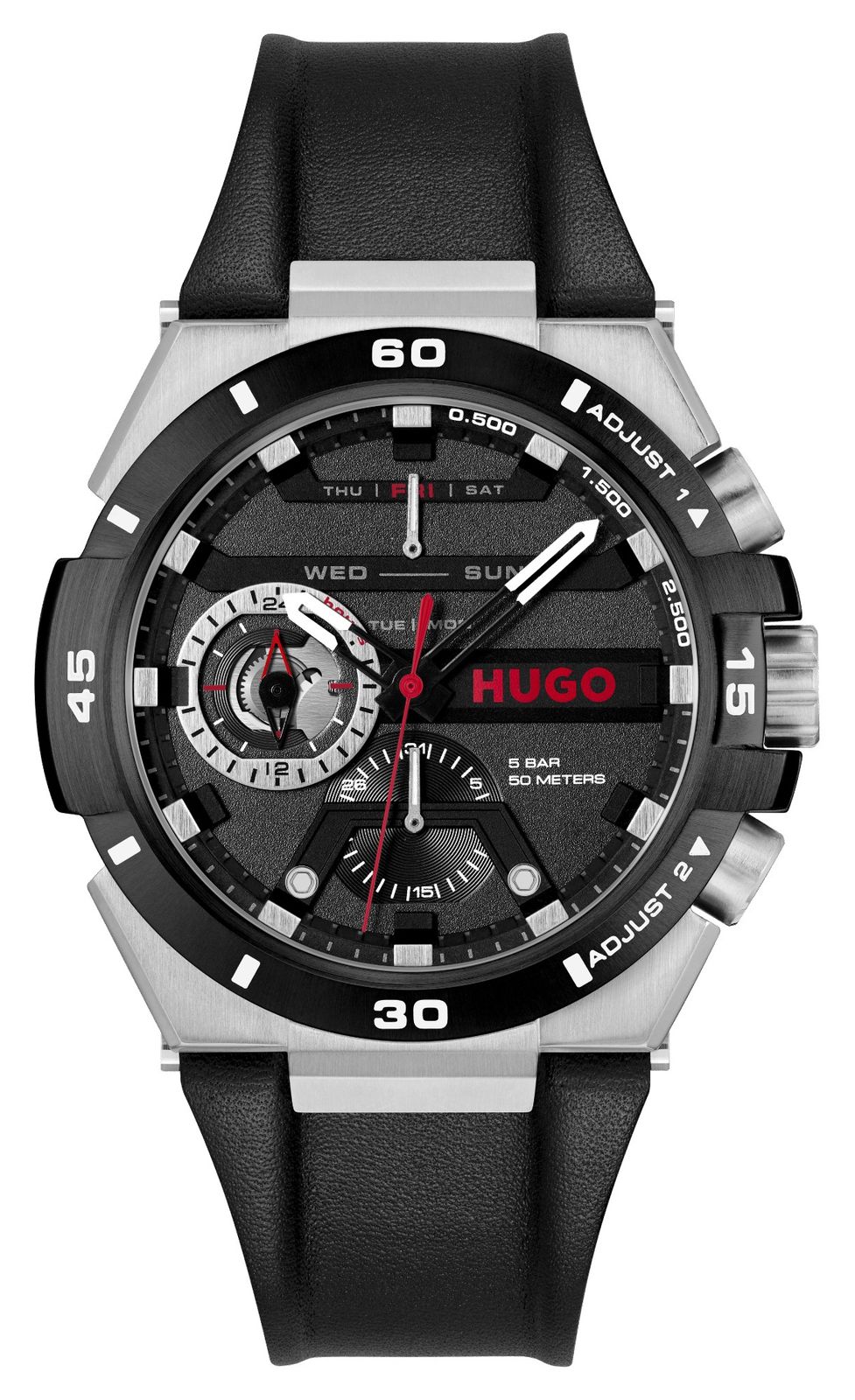HUGO 1530336 #wild (46mm) Black Dial / Black Leather Strap Watch