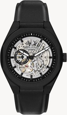 Armani Exchange Automatic Small-Seconds Skeleton (44mm) Silver Dial / Black Leather Strap AX4297