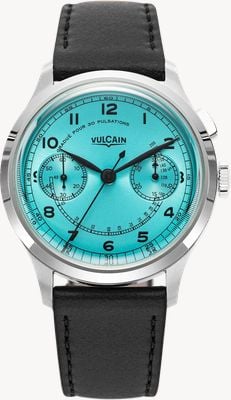 Vulcain Monopusher Heritage Manual Winding (38.9mm) Turquiose Sunray Dial / Black Calf Leather Strap Watch 650167A38.BAC201