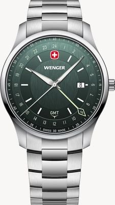 Wenger City GMT Quartz (42mm) Brushed Green Dial / Stainless Steel Bracelet 01.1442.107