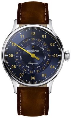 MeisterSinger Pangaea Day-Date Automatic (40mm) Sunburst Blue Dial / Brown Leather Strap PDD917G
