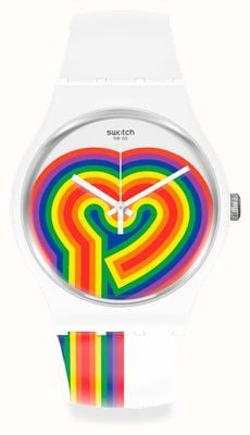 Swatch BEATING LOVE | Valentines Day | White Silicone Strap | Rainbow Heart Dial SUOW171