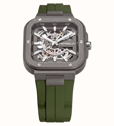 Herbelin Cap Camarat Square Titanium Automatic (40.5mm) Skeleton Dial / Khaki Green FKM Rubber Strap Watch 1846SQTDCK - alternate view 2