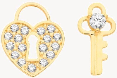 Treasure House 9ct Gold Cz Heart And Key Mix Match Stud Earrings ES686