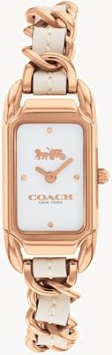 Coach Women's Cadie White Rectangle Dial / White Leather Rose Gold Stainless Steel Bracelet 14504283