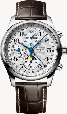 LONGINES Master Collection Chrono Moonphase Automatic (42mm) Silver "barleycorn" Dial / Brown Leather Strap L27734783