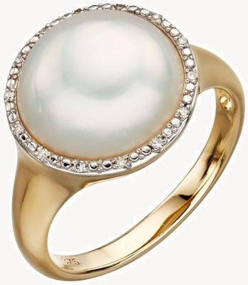 Elements Gold 9ct Yellow Gold Pearl And Diamond Ring Size EU 54 (UK N) GR560W 54