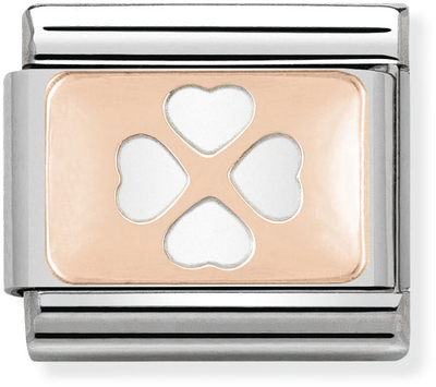 Nomination Classic PLATES In Stainless Steel With 9k Rose Gold CUSTOM Four Leaf Clover Charm 430101/10